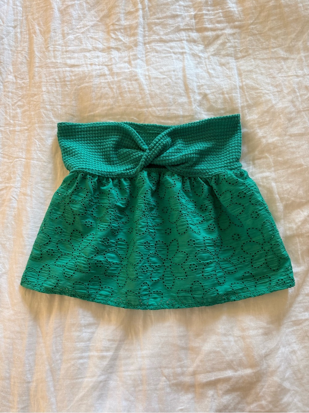 Knot-Twist Floral Eyelet Mini Top in Emerald Green